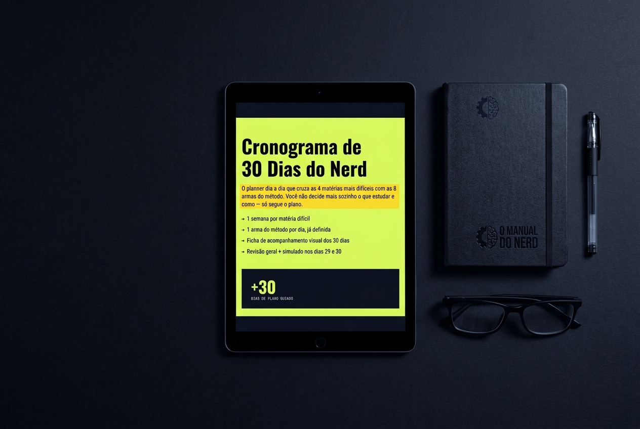 Mesa de estudos com o Manual do Nerd em tablet, caderno e óculos
